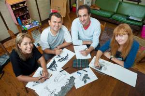 Fairfield Advance - Pictured LTR: Mona Moradveisi (26), Murtaza Ali Jafari (27), Safdar Ahmed (39) and Zanny Begg (42) - Participants of a refugee art project dubbed Undrawing the Line are working on a mural that will be featured around the Powerhouse Youth Theatre in Fairfield NSW Australia. Refugees currently under community detention are taking part. All photographs taken at a Fairfield home, NSW Australia
